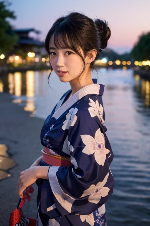 A woman in a yukata walking along the river at dusk、Hair up、Mouth open、Navy blue yukata、