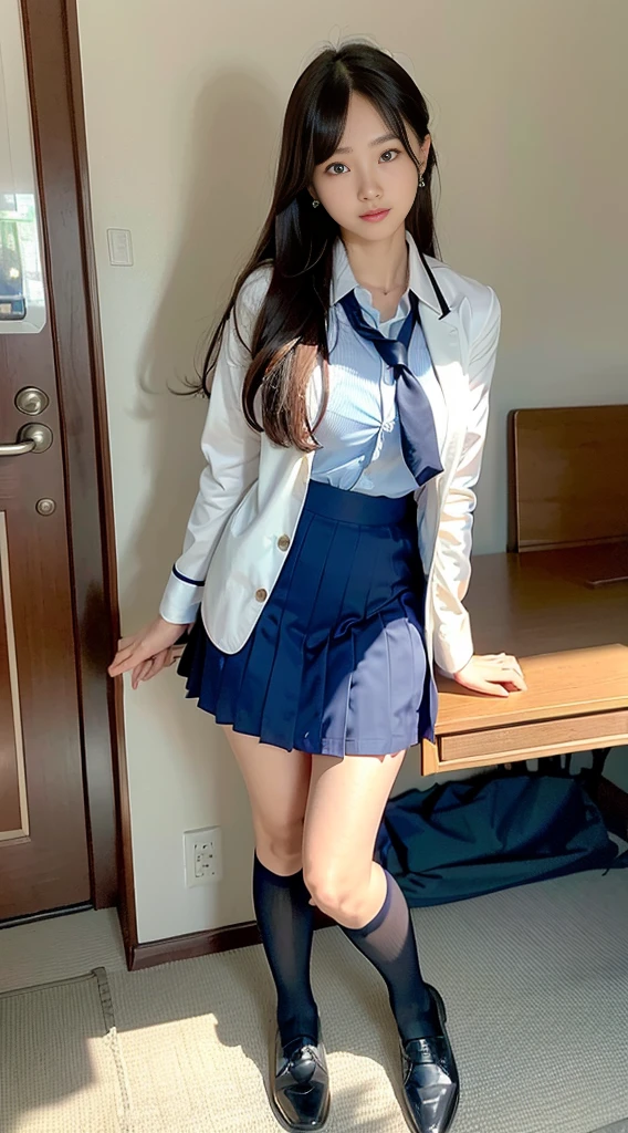mix4, (16K, Raw photography, Top image quality, masterpiece: 1.45), (realisitic, Photorealsitic: 1.37), one girls, cute little, A city scape,, profetional lighting, photon maping, school classrooms, physically-based renderingt, dark brown hair,pony tail hairstyle, Well-groomed and beautiful eyes、((double eyelid))、Transcendent Cute Girl, (((student clothes、blazers、Long sleeve shirt worn by Japan high school girl、Ribbon Ties、Dark blue mini skirt,、Dark blue socks、Black loafers))), Top Quality Photos, hight resolution, 1080P, (clearface), (Detailed face description), (Detailed hand description), (masterpiece), (Exquisite CG)、extreme light and shadows、dishevled hair、master work、abundant detail、(Fine facial features)、(top quality photo)、(masuter piece)、(A detailed eye)、Look in front of you、Fine clavicle、((Slender Big))、(((Japan schoolgirl wears a long-sleeved shirt)))、((Neat and clean idol))、((School Gate、school ground、School building in the background))、(Shooting from random perspectives)、(((Anyway cute)))、earrings、A big smile、Drawing the whole body from the knees、Do not draw nasolabial folds、(((Sports bags used by Japan schoolgirls)))、(Big breasts that hang down big:1.2)、Big buttocks with tension、Two arms and two legs、(((from the front side:0.7)))、bare hand、(((Left and right symmetrical eyes)))、Standing Pose、Put your hands on your desk、Do not remove the tie from the jacket、Raise your buttocks、Raise your ass:1.5,barebacked:1.5,