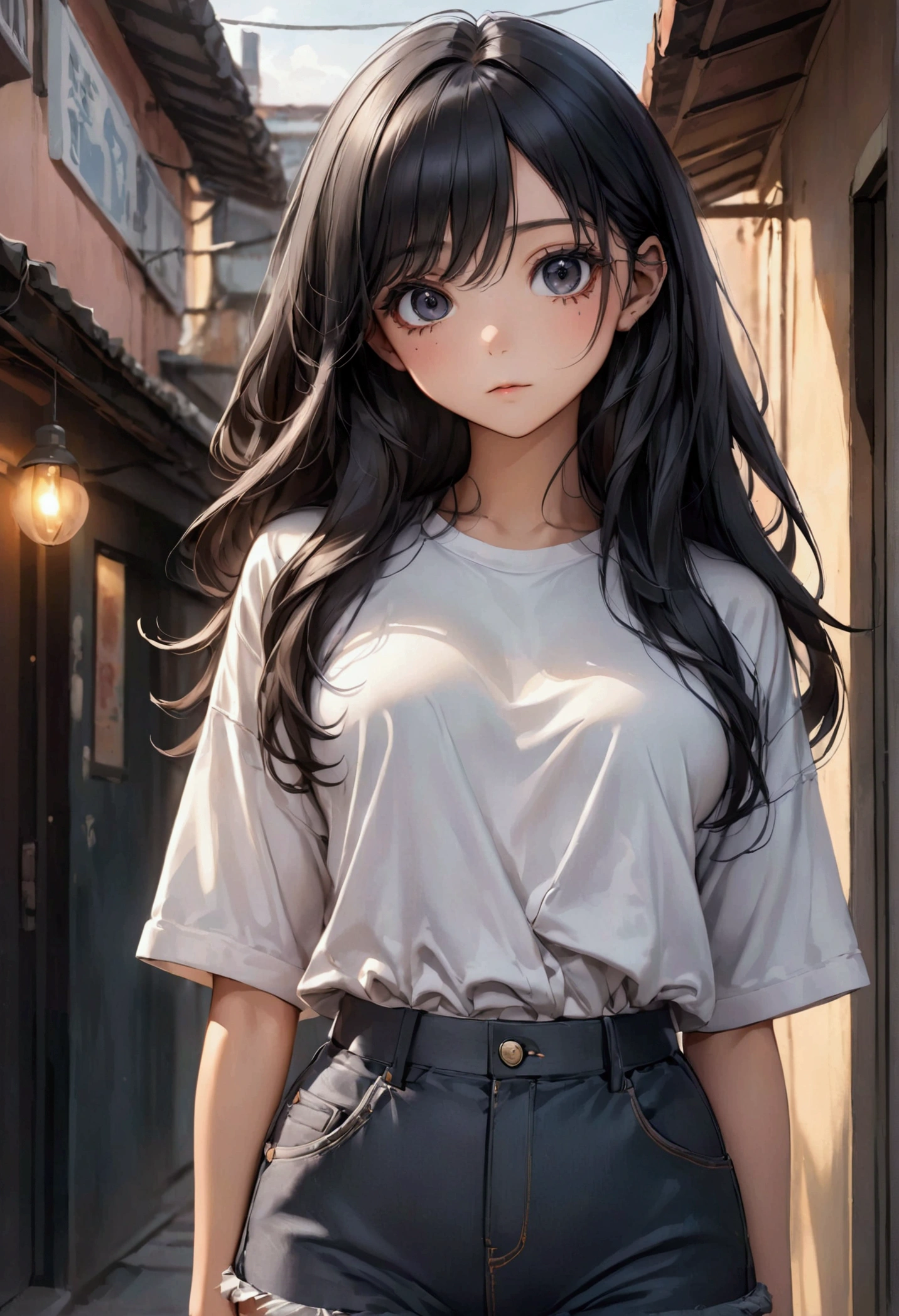 A young woman with long black hair upto waist, black eyes, fair skin tone, aesthetic body, casual wear, (detailed body), (detailed eyes) (masterpiece), (best quality), (ultra-detailed)