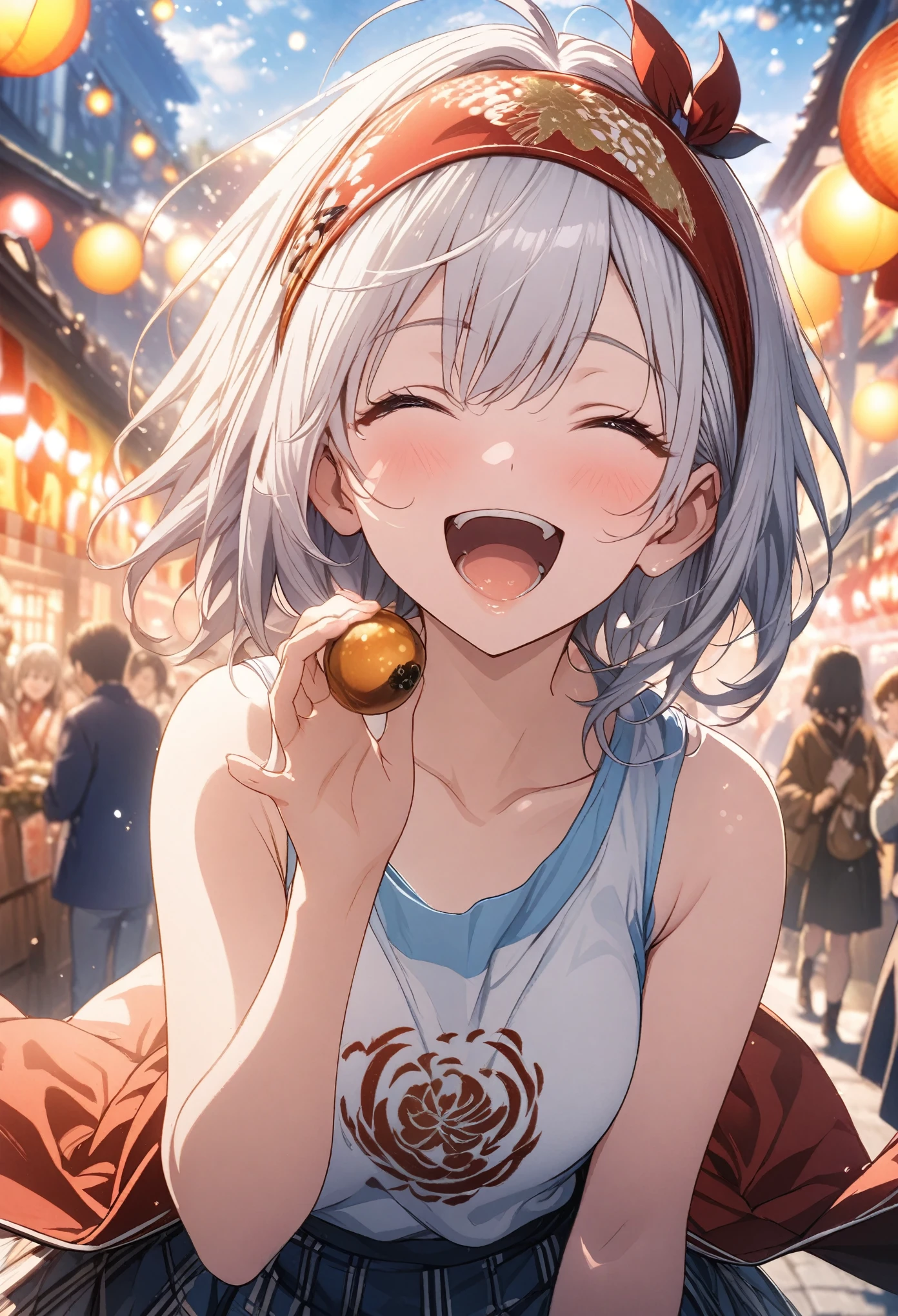 Two Girls, Red and blue happi coats, Festival, Wear a headband on your head, Holding a fan in your hand, masterpiece, Highest quality, Highly detailed CG Unity 8k wallpaper, High School Girl Anime Illustration. Wear an oversized tank top, She is wearing a red and black checked skirt., She closes her eyes and opens her mouth wide, smile. white hair color, Yellow Eyes, Bokeh, Lens flare, The rising sun, Blue pink sky, The background is a realistic shopping street, Bokeh、(Soft Focus): 1.2, Out of focus highlights, Dreamy atmosphere, Fascinating Depth, Fantasy,