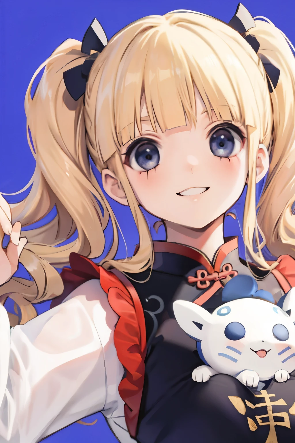 girl,light golden hair,Twin curly hair,BREAK//(double sleeve long sleeve),((Chinese dress with lots of frills:1.3)),((long hem)),((BREAK//)),((Kaminarimon pattern background:1.6)),((blue background)),close up of face,(Cute smile),