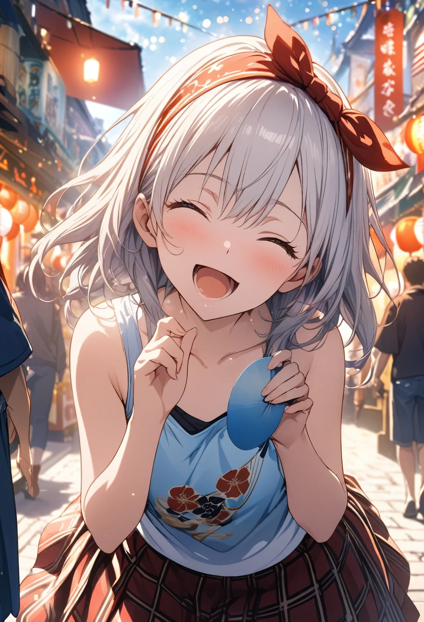 Two Girls, Red and blue happi coats, Festival, Wear a headband on your head, Holding a fan in your hand, masterpiece, Highest quality, Highly detailed CG Unity 8k wallpaper, High School Girl Anime Illustration. Wear an oversized tank top, She is wearing a red and black checked skirt., She closes her eyes and opens her mouth wide, smile. white hair color, Yellow Eyes, Bokeh, Lens flare, The rising sun, Blue pink sky, The background is a realistic shopping street, Bokeh、(Soft Focus): 1.2, Out of focus highlights, Dreamy atmosphere, Fascinating Depth, Fantasy,