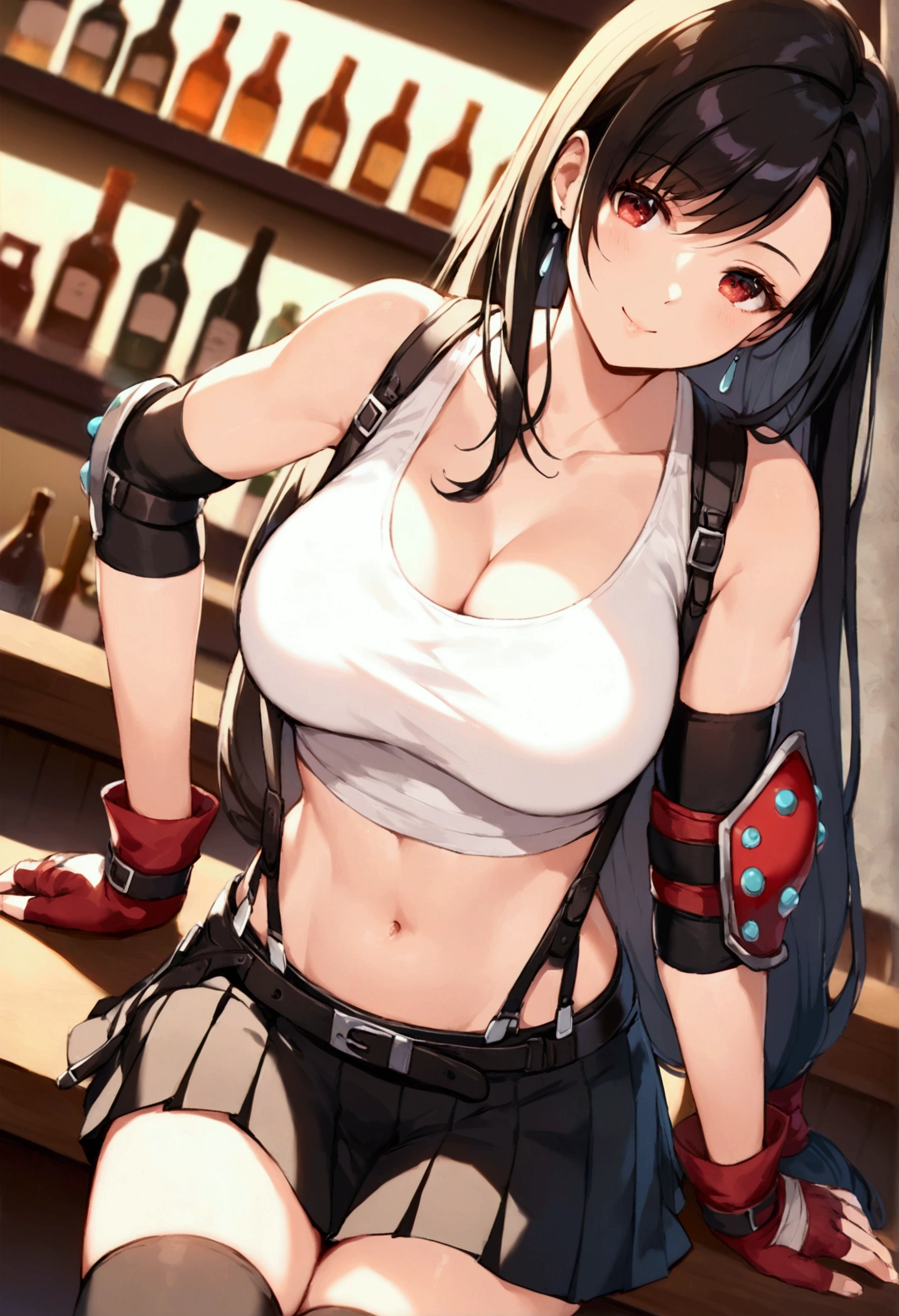 (score_9, score_8_up, score_7_up), BREAK  (masterpeace),(best quality),(aesthetic,very aesthetic),(highly detailed),nsfw.1girl, tifa lockhart, final fantasy,(beautiful). black hair, low-tied long hair, red eyes, bangs, white tank top,gap, belt, pleated skirt, thighhighs, elbow fingerless gloves, elbow pads, midriff, navel,suspender skirt.zettai ryouiki,(large_breasts:1.3),Solo,upperbody,looking at viewer,  vibrant, joyful,cafe and bar,(Emphasize the cleavage),hands on counter,Showcasing cleavage:1.3 ,counter,straight-on,feet focus,from feet,dynamic angle,professional lighting,cinematic lighting,