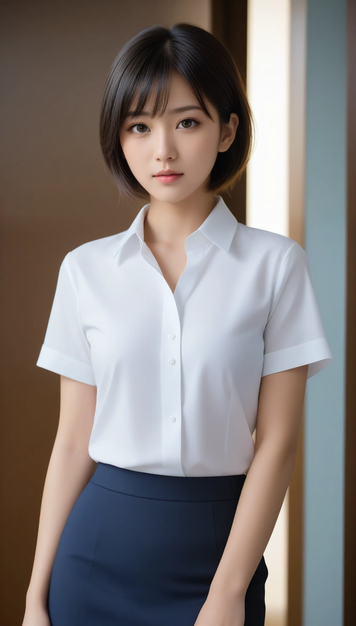 8k, Ultra-high resolution, Highest quality, masterpiece, 三分割法によるphotograph,Surreal, photograph, 1 Girl, (16 years old:1.3), pretty girl, Cute Face, Beautiful eyes in every detail, 細かくdetailedに,masterpiece,One Girl:1.2,Japanese female announcer,upper body,annoyed,Black short hair,Messy hair,White collared shirt,Pencil Skirt, Look forward, Standing posture, Opposition, Dynamic Lighting,Hotel room、 Sharp contours, Light from above, Low contrast, (Side view),Perfect and beautiful face ,完璧でCute Face, Skin with attention to detail, Perfect limbs、Narrow waist,Looking at the audience,(((Ideal body type))),A cup small breasts :2,Portraiture:2,Perfect Anatomy,鮮明なdetailed,detailed,Surreal,Light and shadow,darkness
