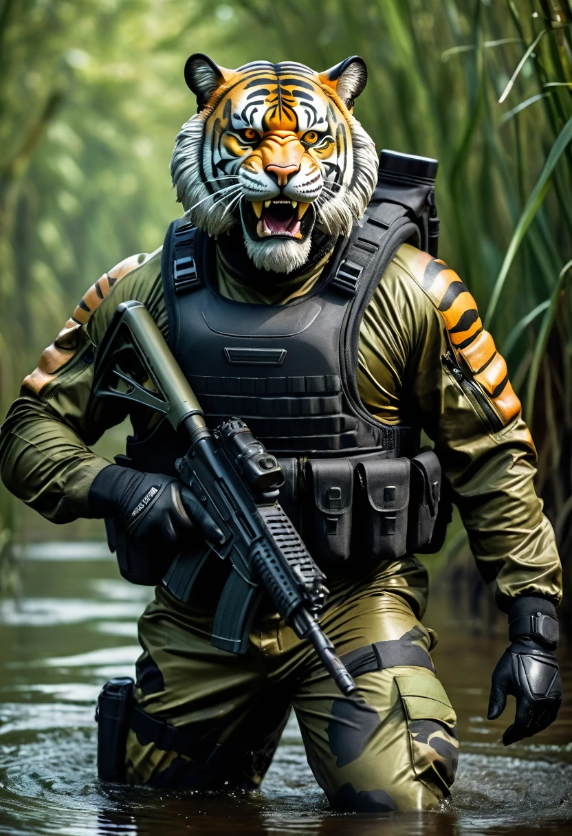 (a dark-skinned bearded fat muscular old man in a bulky army camouflage zipper diver suit) carrying a gun, (wearing a small-sized realistic roaring tiger mask), dynamic action pose, fierce expression, showcasing an imposing stature, surrounded by military elements, dramatic shadows and intense highlights, cinematic color tones, high detail, powerful, art influenced by Bruce Onobrakpeya and Stanley Artgerm, ultra-detailed, best quality image, action-packed atmosphere, patrolling in a swamp.