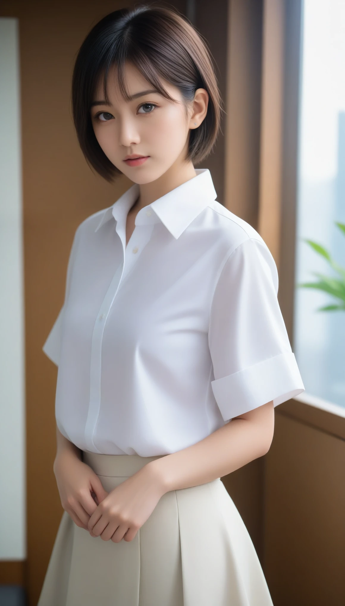 8k, Ultra-high resolution, Highest quality, masterpiece, 三分割法によるphotograph,Surreal, photograph, 1 Girl, (:1.3), pretty girl, Cute Face, Beautiful eyes in every detail, 細かくdetailedに,masterpiece,One Girl:1.2,Japanese female announcer,upper body,annoyed,Black short hair,Messy hair,White collared shirt,Pencil Skirt, Look forward, Standing posture, Opposition, Dynamic Lighting,Hotel room、 Sharp contours, Light from above, Low contrast, (Side view),Perfect and beautiful face ,完璧でCute Face, Skin with attention to detail, Perfect limbs、Narrow waist,Looking at the audience,(((Ideal body type))),A cup small breasts :2,Portraiture:2,Perfect Anatomy,鮮明なdetailed,detailed,Surreal,Light and shadow,darkness