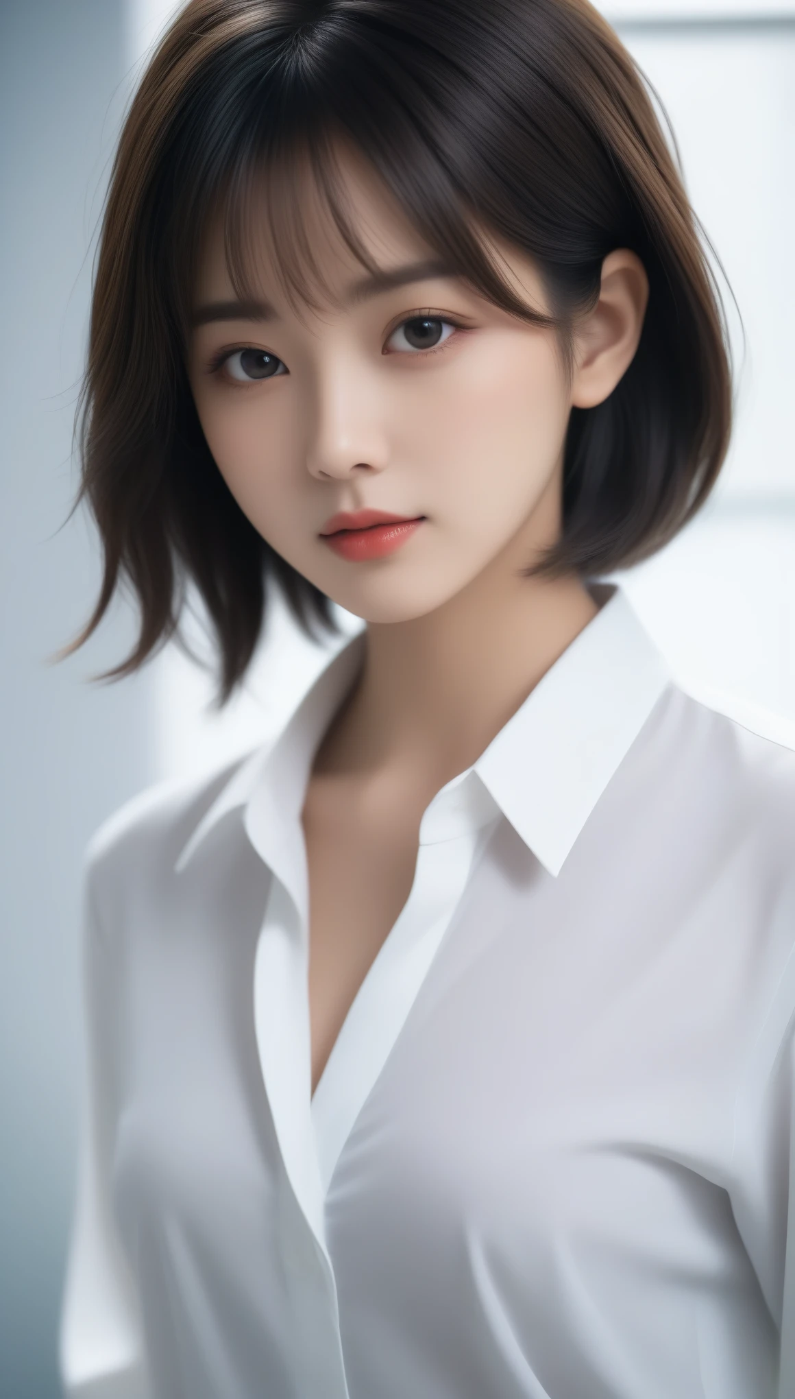 8k, Ultra-high resolution, Highest quality, masterpiece, 三分割法によるphotograph,Surreal, photograph, 1 Girl, (:1.3), pretty girl, Cute Face, Beautiful eyes in every detail, 細かくdetailedに,masterpiece,One Girl:1.2,Japanese female announcer,upper body,annoyed,Black short hair,Messy hair,White collared shirt,Pencil Skirt, Look forward, Standing posture, Opposition, Dynamic Lighting,Hotel room、 Sharp contours, Light from above, Low contrast, (Side view),Perfect and beautiful face ,完璧でCute Face, Skin with attention to detail, Perfect limbs、Narrow waist,Looking at the audience,(((Ideal body type))),A cup small breasts :2,Portraiture:2,Perfect Anatomy,鮮明なdetailed,detailed,Surreal,Light and shadow,darkness
