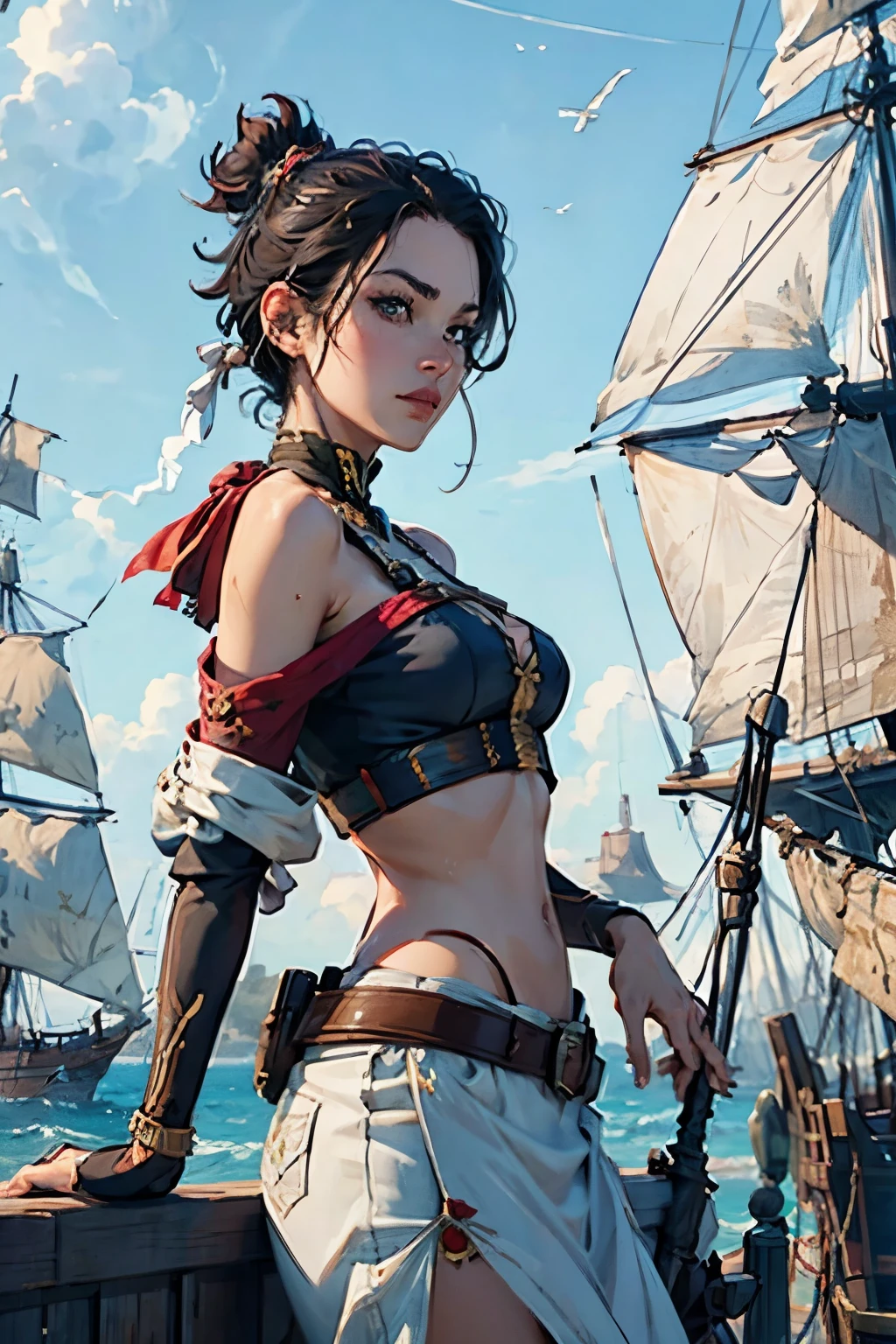 Fascinating Female Pirate Captain、Off the shoulder、Sexy Looks, short hair、Two Galleons、Naval battles、(Two galleons exchange gunfire:1.2)、(explosion:1.2)、(fire:1.2)、Blur the background、(Sargent-style watercolor)、(Highest quality, masterpiece, High resolution)、4K、wallpaper、