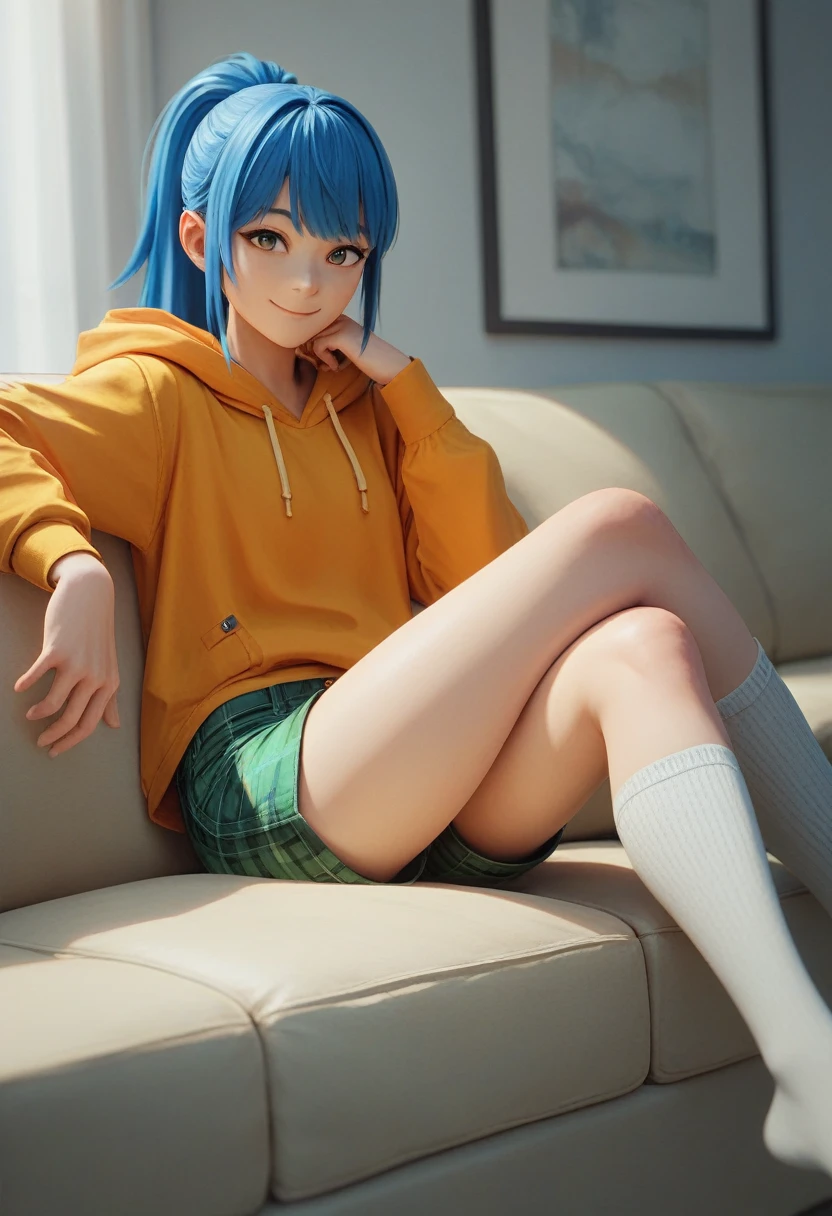 girl, blue hair, ponytail, bangs, yellow shirt, orange hoodie coat, green shorts, plaid shorts, white socks, sitting, crossed legs, couch, 3d, smile