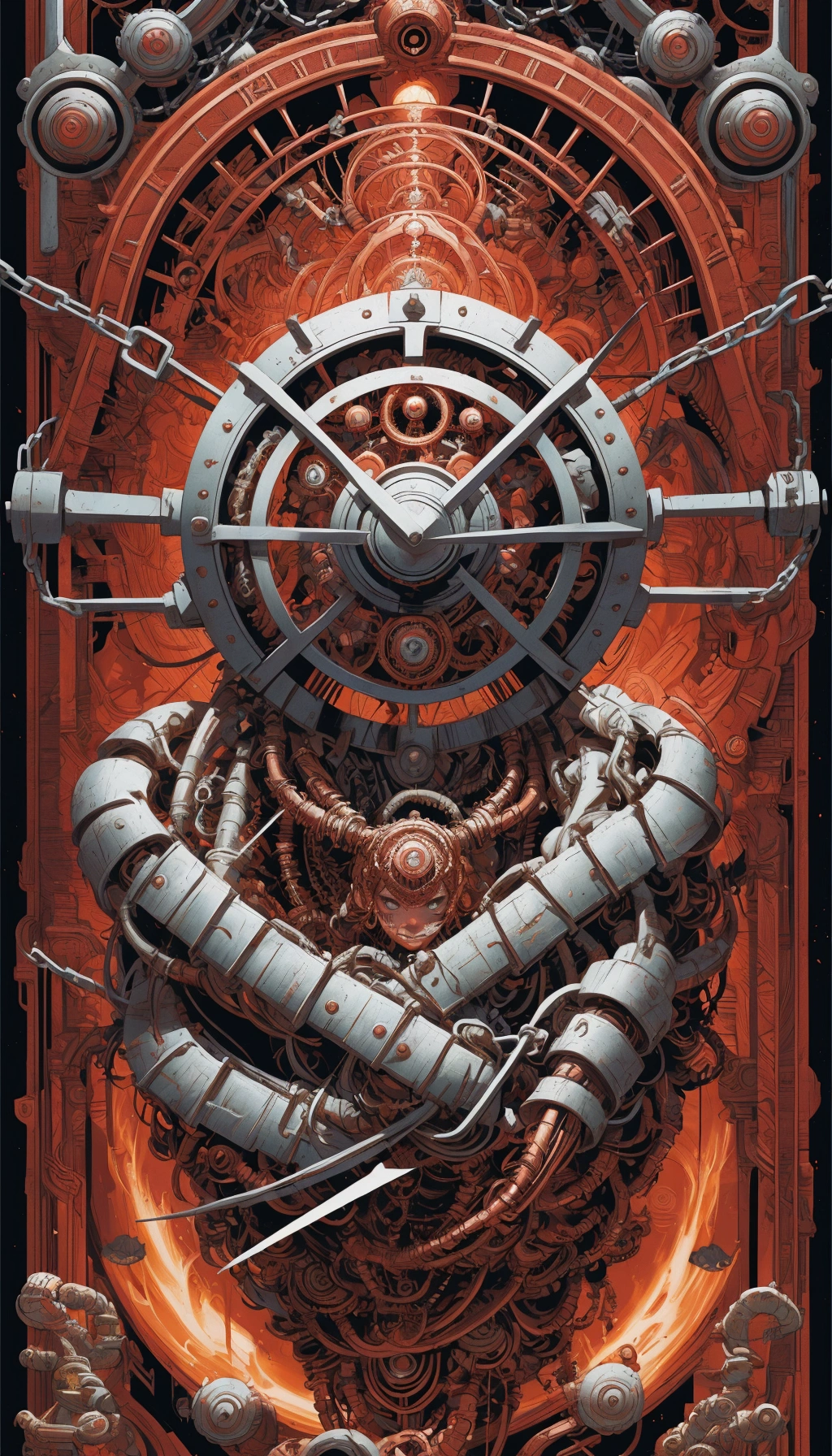 a close up of a metal clock with girl with beautiful girl  with chains and chains around it, red biomechanical details, heavy metal artwork, red biomechanical, heavy metal art style, dan mumford and alex grey style, symmetry!! portrait of cyborg, dan mumford tom bagshaw, detailed cover artwork, peter gric and dan mumford, in the style dan mumford artwork, go machine
