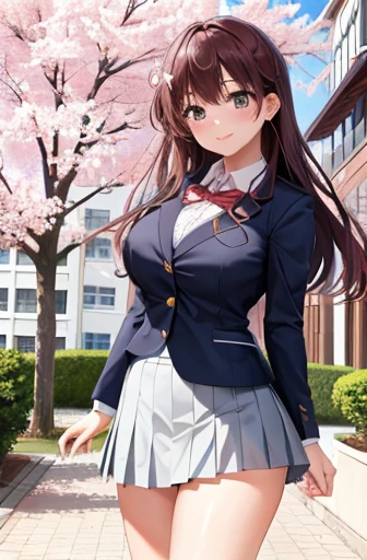 masterpiece, Highest quality, High resolution, Very detailed, Detailed Background, Cinema Lighting, One girl, cute, Large Breasts、 school uniform, Skirt Lift, Public indecency, View your viewers, building, Outdoor, cherry blossoms, Bokeh,long hair