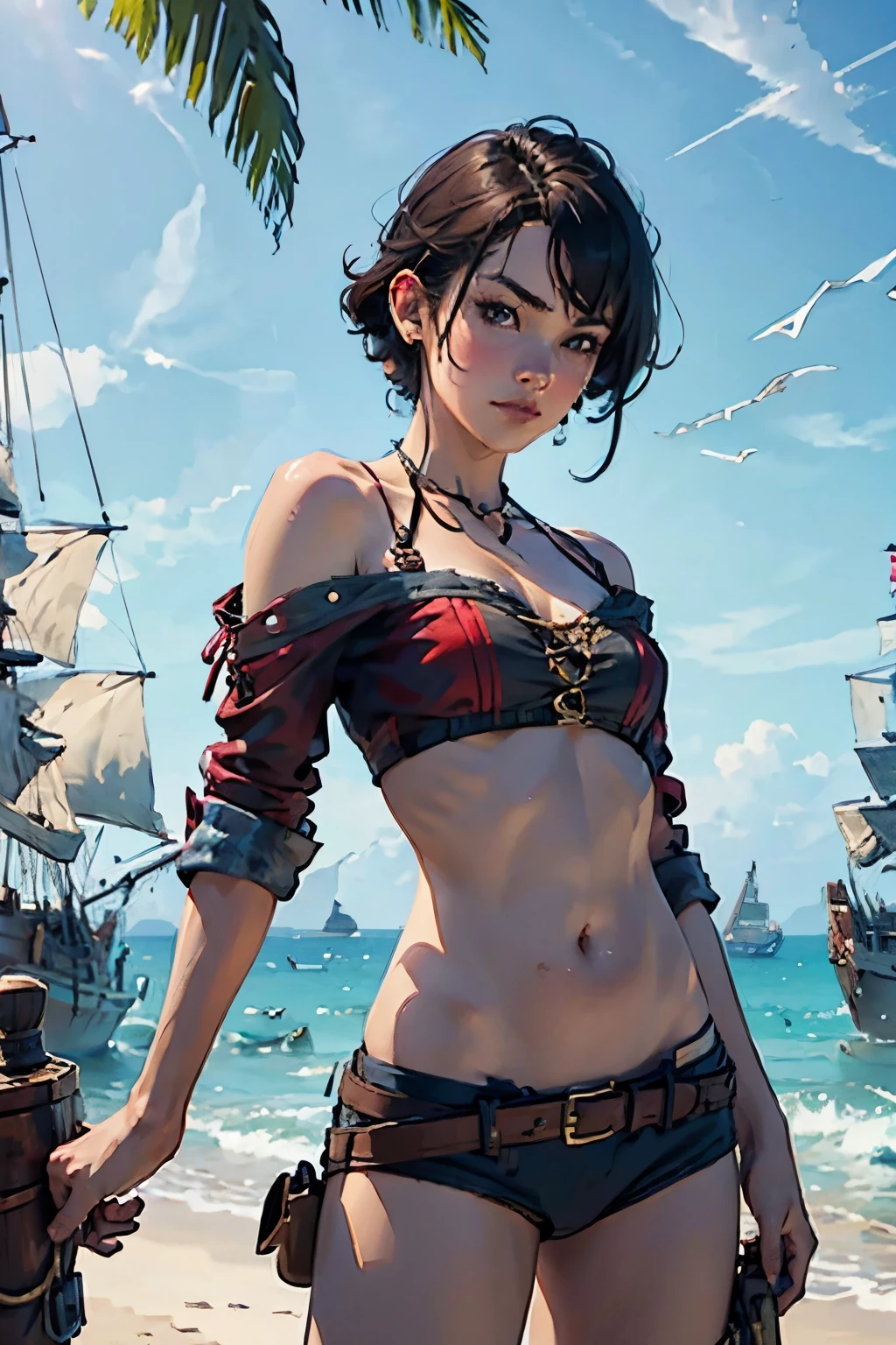 Fascinating Female Pirate Captain、Off the shoulder、Sexy Looks, short hair、Two Galleons、Naval battles、(Two galleons exchange gunfire:1.2)、(explosion:1.2)、(fire:1.2)、Blur the background、(Sargent-style watercolor)、(Highest quality, masterpiece, High resolution)、4K、wallpaper、