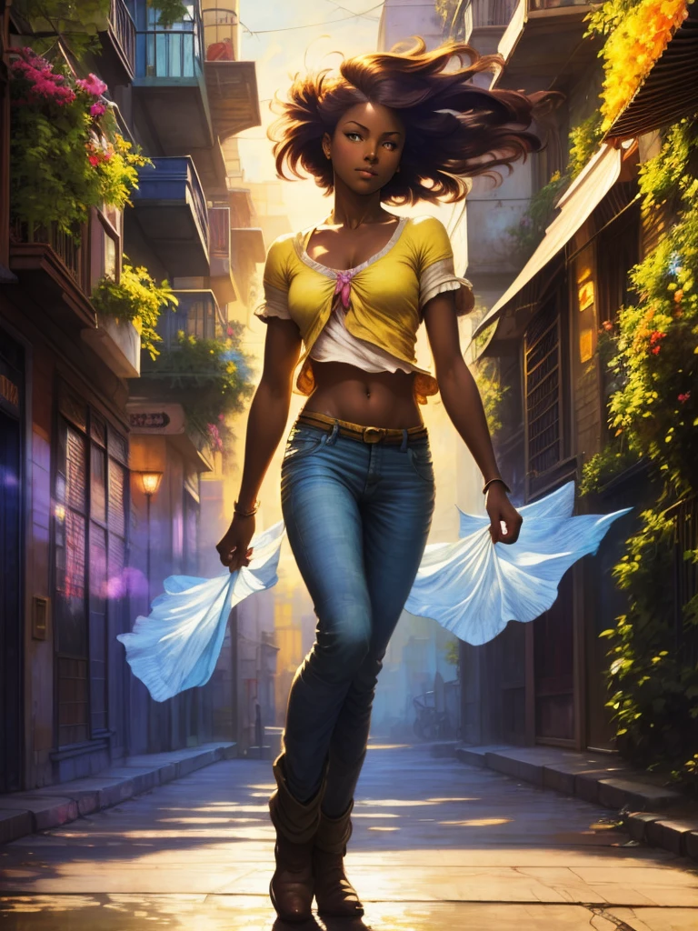 ((Solo half body Beautiful Caribbean woman with dark skin and striking eyes)),  shadowed interior background, art by akihiko yoshida, manga art style, colorfield illustration, Scary atmosphere, global illumination, by frank frazetta, art by goro fujita, glamour shot, pants and shirt, street dancing, banner, blur, anime key visual, (blue, yellow and grey colors), dramatic photo, anime girl, Intricate details, chiaroscuro, pino daeni, impressionist (best quality, masterpiece)