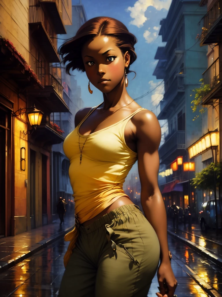 ((Solo half body Beautiful Caribbean woman with dark skin and striking eyes)),  shadowed interior background, art by akihiko yoshida, manga art style, colorfield illustration, Scary atmosphere, global illumination, by frank frazetta, art by goro fujita, glamour shot, pants and shirt, street dancing, banner, blur, anime key visual, (blue, yellow and grey colors), dramatic photo, anime girl, Intricate details, chiaroscuro, pino daeni, impressionist (best quality, masterpiece)
