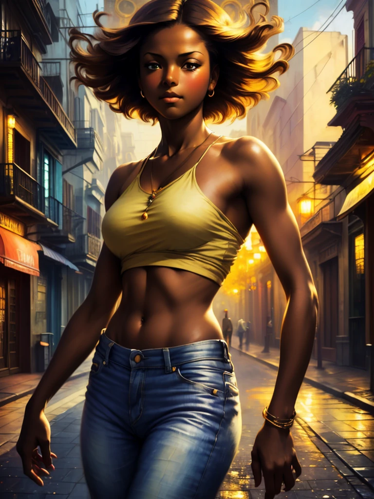 ((Solo half body Beautiful Caribbean woman with dark skin and striking eyes)), shadowed interior background, art by akihiko yoshida, manga art style, colorfield illustration, Scary atmosphere, global illumination, by frank frazetta, art by goro fujita, glamour shot, pants and shirt, street dancing, banner, blur, anime key visual, (blue, yellow and grey colors), dramatic photo, anime girl, Intricate details, chiaroscuro, pino daeni, impressionist (best quality, masterpiece)