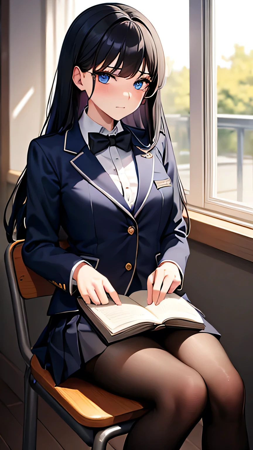 masterpiece, Highest quality:1.2,1 girl, high school girl, Perfect Face, Glowing Skin, (Long Hair),Black Hair, Blue eyes, Long eyelashes, Beautiful Hair, Beautiful Face, Beautiful attention to detail, (Blazer uniform, Pleated mini skirt,Black Stockings), A bow tie, (Embarrassed face),Sitting on a chair in the classroom,Holding a book,evening