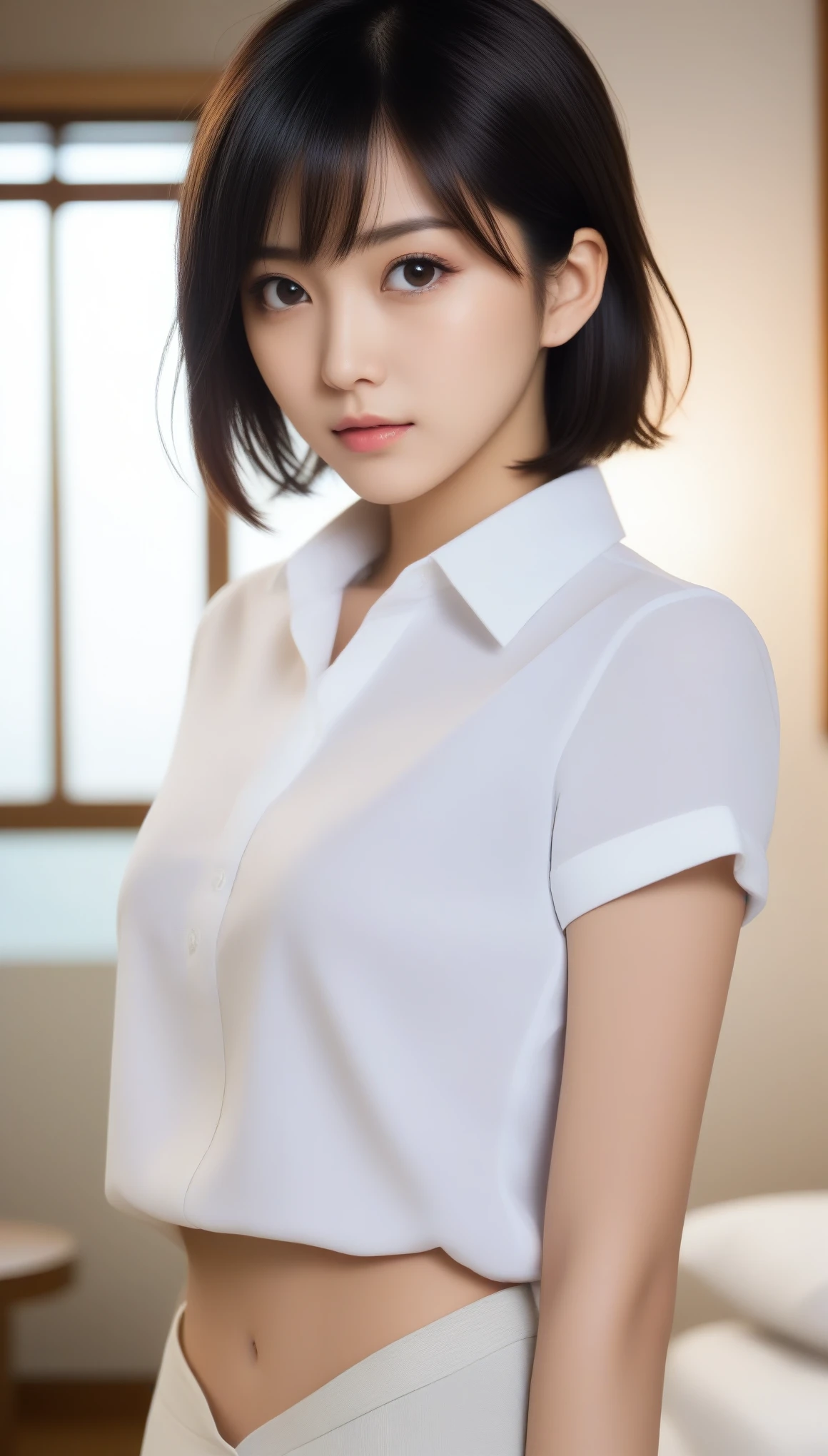 8k, Ultra-high resolution, Highest quality, masterpiece, 三分割法によるphotograph,Surreal, photograph, 1 Girl, (:1.3), pretty girl, Cute Face, Beautiful eyes in every detail, 細かくdetailedに,masterpiece,One Girl:1.2,Japanese female announcer,upper body,annoyed,Black short hair,Messy hair,White collared shirt,Pencil Skirt, Look forward, Standing posture, Opposition, Dynamic Lighting,Hotel room、 Sharp contours, Light from above, Low contrast, (Side view),Perfect and beautiful face ,完璧でCute Face, Skin with attention to detail, Perfect limbs、Narrow waist,Looking at the audience,(((Ideal body type))),A cup small breasts :2,Portraiture:2,Perfect Anatomy,鮮明なdetailed,detailed,Surreal,Light and shadow,darkness