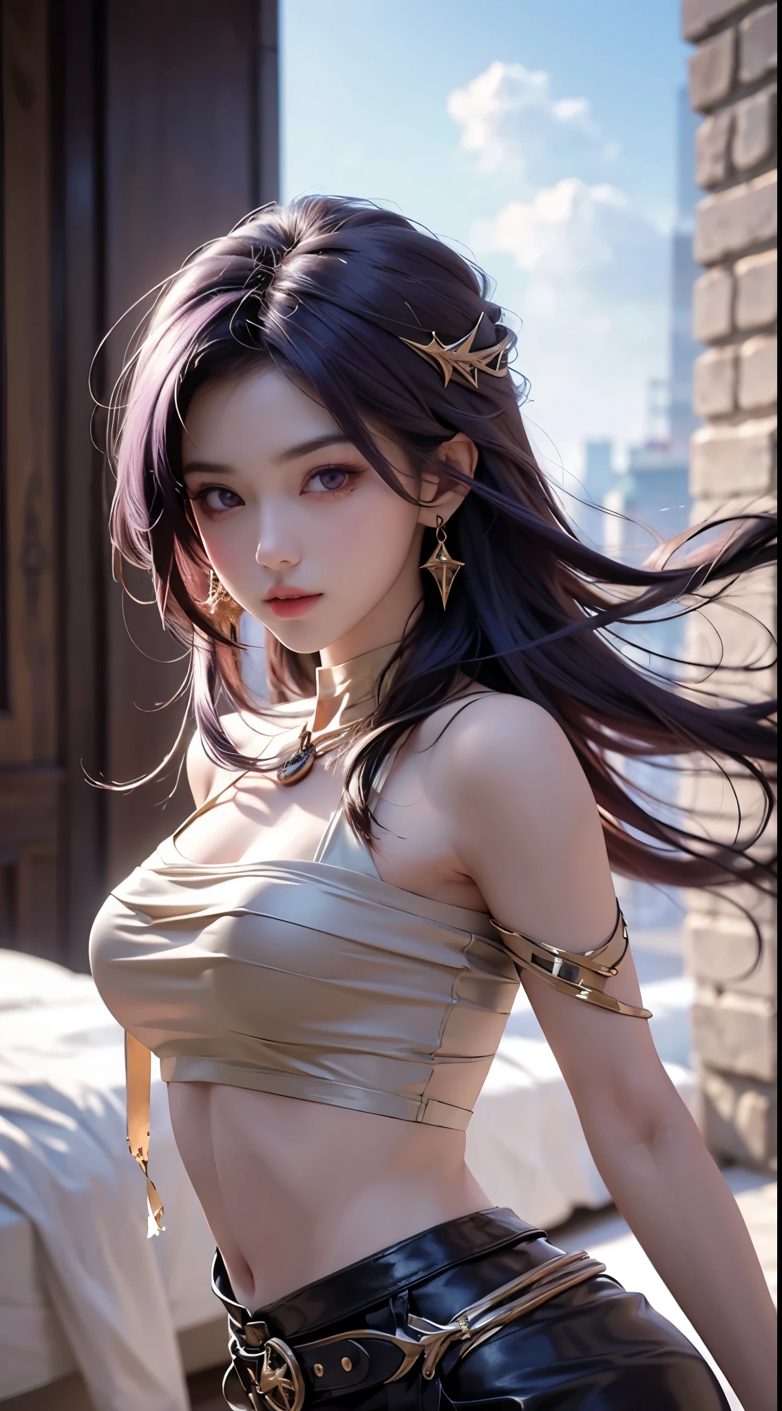 ((Realistic light, Best Quality, 8k, Masterpiece :1.3)), taking selfies, 1girl, beautiful woman with perfect figure :1.4, abs :1.1, (purple hair,), Arabian dress :1.4,belts :1.2, translucent bed inserts, ultra-detailed face, A detailed eye, double eyelid, ( MIYAMA-ZERO)Perfect Hands Perfect Fingers Perfect Breasts Perfect Hair Perfect Face Perfect Body, Dynamic angle M