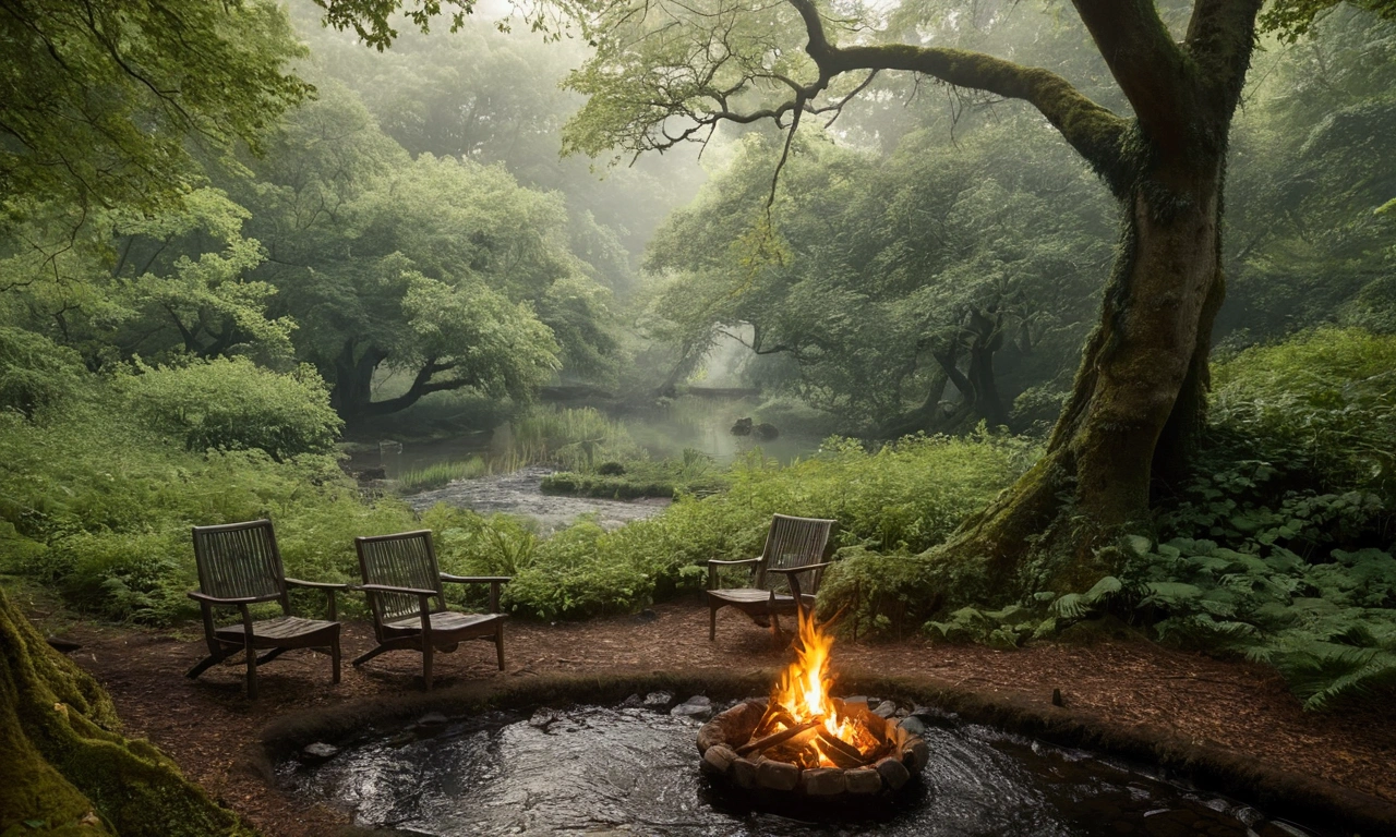 In a misty forest clearing, two comfortable chairs sat around a fire, surrounded by tall, leafy trees. There is a small stream flowing through. Focus on the intricate details and mystical atmosphere of ancient trees.
