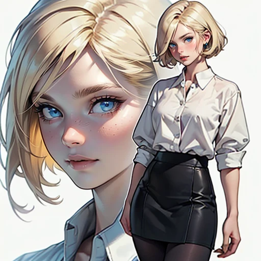 ((masterpiece)), (((best quality))), 1 female, pale white skin, very light blonde hair, short hair, bob hair style, beautiful woman, blue eyes, simple earrings, blouse, skirt, leggings, small breasts, half up view, detailed face, highest quality, highly detailed, original, high resolution CG Unit 8k wallpaper, (best quality, artwork, masterpiece, 4k)