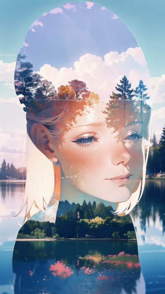 This unique image immerses you in a fantasy setting, Featuring a girl with a big smile, Her dress blends into the dreamy lakeside backdrop, Enhanced with stunning multiple exposure effects.