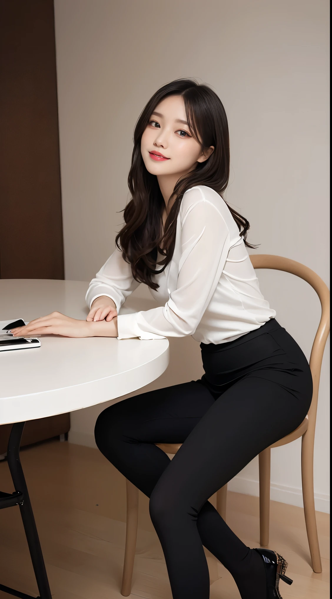 on the table, best quality, illustration, Super detailed, fine details, high resolution, 8k wallpaper, Perfect dynamic composition, Beautiful and delicate eyes, business suit,hort hair，natural color lips, sit on the chair，cross legs,Smile、25 year old girl，red eye shadow，Wear black leggings，