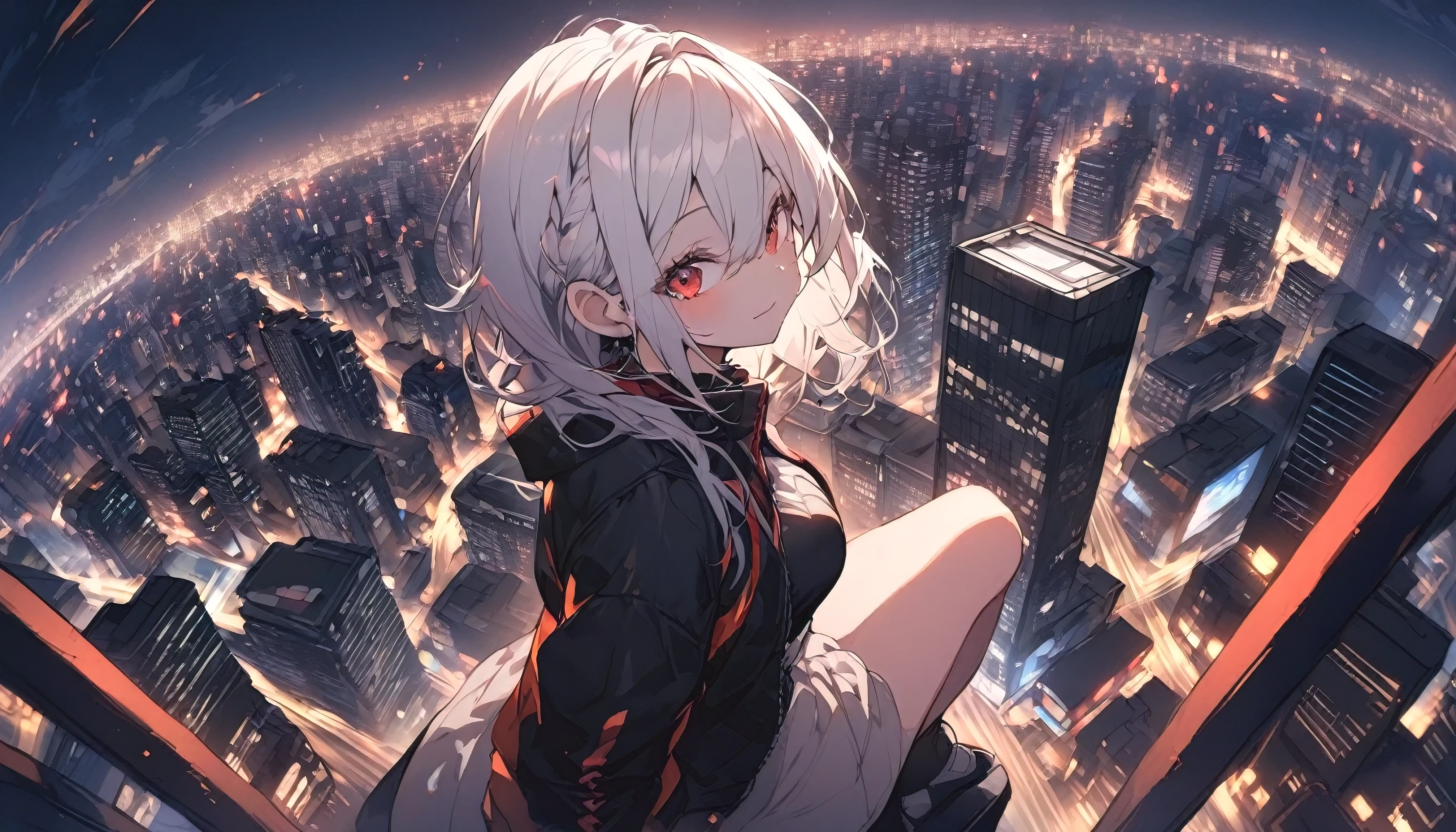 1 adult woman with white hair, red eyes, wearing a light jacket and, standing on top of a building, dark city night, building view ((with city lights)) (city background ), night,
