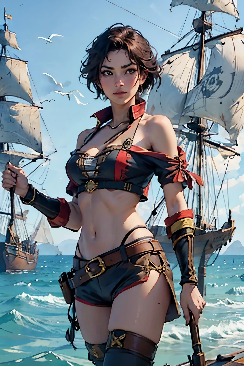 Fascinating Female Pirate Captain、Off the shoulder、Sexy Looks, short hair、Two Galleons、Naval battles、(Two galleons exchange gunfire:1.2)、(explosion:1.4)、(fire:1.4)、Blur the background、(Sargent-style watercolor)、(Highest quality, masterpiece, High resolution)、4K、wallpaper、