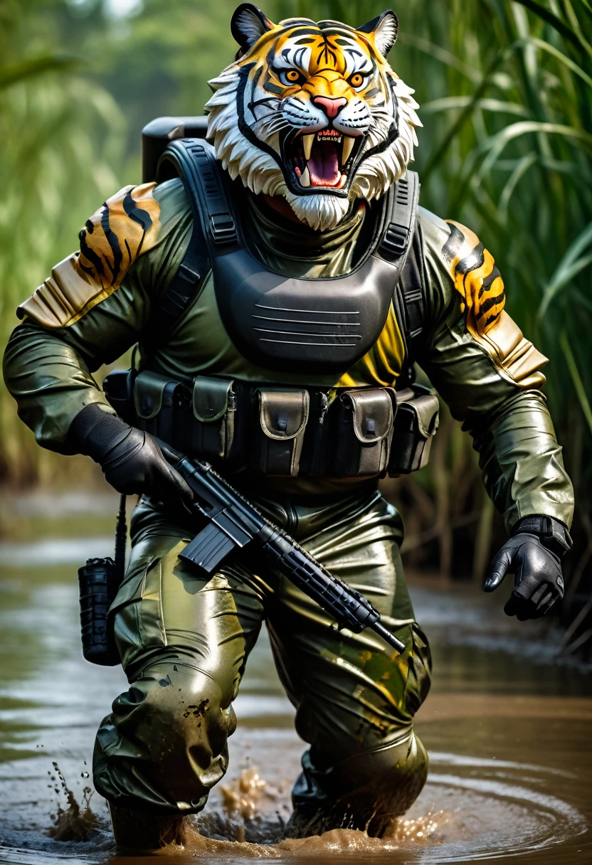 (a dark-skinned bearded fat muscular old man in a bulky army camouflage zipper diver suit) carrying a gun, (wearing a small-sized realistic roaring tiger mask), dynamic action pose, fierce expression, showcasing an imposing stature, surrounded by military elements, dramatic shadows and intense highlights, cinematic color tones, high detail, powerful, art influenced by Bruce Onobrakpeya and Stanley Artgerm, ultra-detailed, best quality image, action-packed atmosphere, patrolling in a thick muddy swamp.