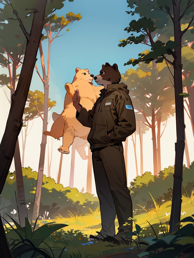 male brown bear standing in woods looking at sky