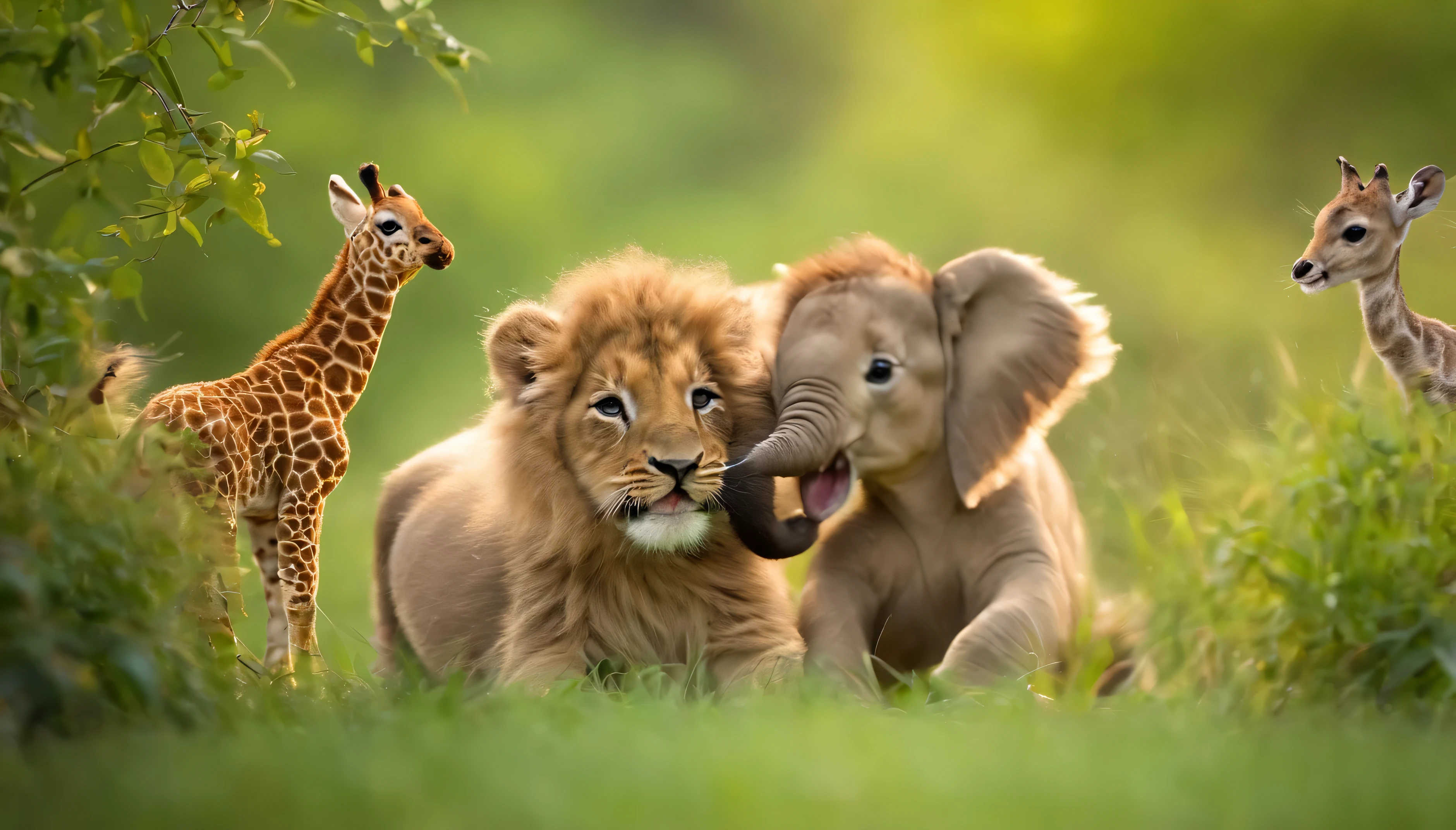 Beautiful cute  elephant, babyn, baby tiger, baby deer, baby rabbit, baby giraffe are playing together in as jungle