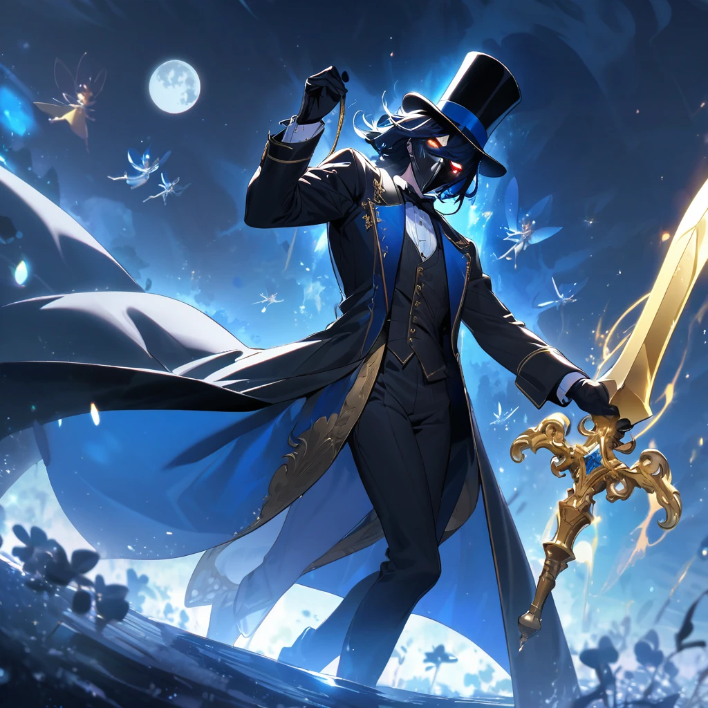 Holding a golden sword up to the sky, a black long coat, a black mask, glowing eyes, a top hat, a blue full moon, a blue fairy, a sparkling aura