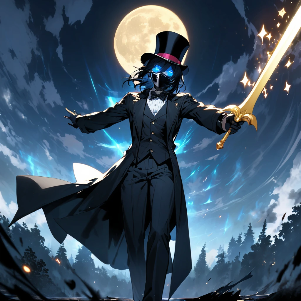 Holding a golden sword up to the sky, a black long coat, a black mask, glowing eyes, a top hat, a blue full moon, a blue fairy, a sparkling aura