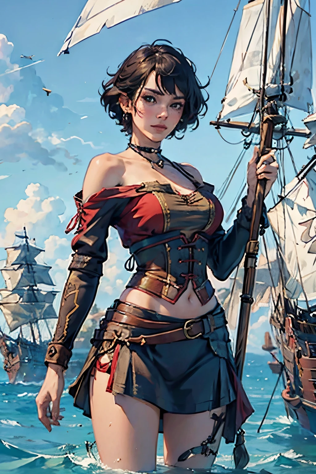 Fascinating Female Pirate Captain、Off the shoulder、Sexy Looks, short hair、Two Galleons、Naval battles、(Two galleons exchange gunfire:1.2)、BREAK (fire:1.4)、(explosion:1.4)、Blur the background、(Sargent-style watercolor)、(Highest quality, masterpiece, High resolution)、4K、wallpaper、