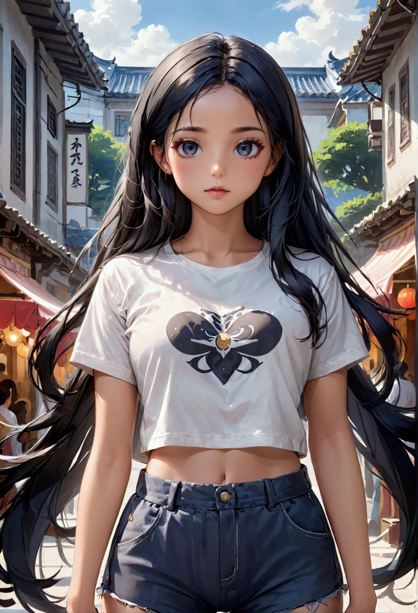 A young woman with long black hair upto waist, black eyes, fair skin tone, aesthetic body, casual wear, (detailed body), (detailed eyes) (masterpiece), (best quality), (ultra-detailed)