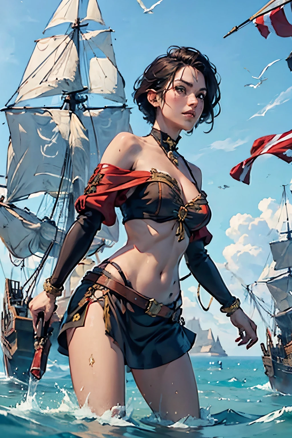 Fascinating Female Pirate Captain、Off the shoulder、Sexy Looks, short hair、Two Galleons、Naval battles、(Two galleons exchange gunfire:1.2)、BREAK (fire:1.4)、(explosion:1.4)、Blur the background、(Sargent-style watercolor)、(Highest quality, masterpiece, High resolution)、4K、wallpaper、