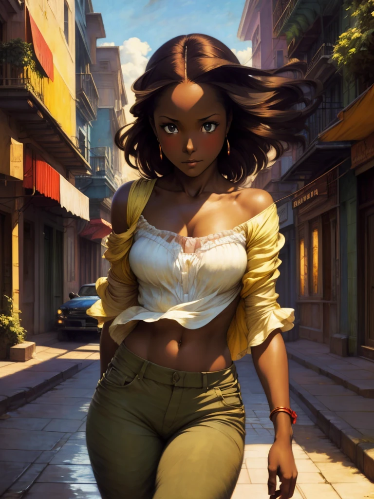 ((Solo half body Beautiful Caribbean woman with dark skin and striking eyes)), shadowed interior background, art by akihiko yoshida, manga art style, colorfield illustration, Scary atmosphere, global illumination, by frank frazetta, art by goro fujita, glamour shot, pants and shirt, street dancing, banner, blur, anime key visual, (blue, yellow and grey colors), dramatic photo, anime girl, Intricate details, chiaroscuro, pino daeni, impressionist (best quality, masterpiece)