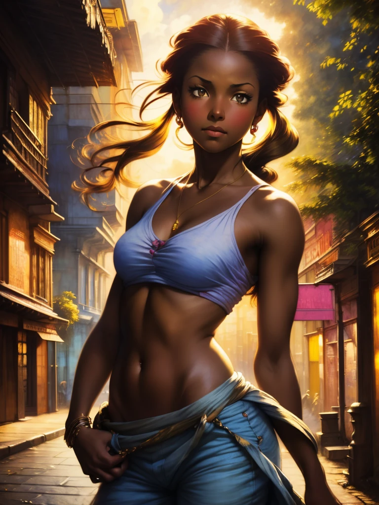 ((Solo half body Beautiful Caribbean woman with dark skin and striking eyes)), shadowed interior background, art by akihiko yoshida, manga art style, colorfield illustration, Scary atmosphere, global illumination, by frank frazetta, art by goro fujita, glamour shot, pants and shirt, street dancing, banner, blur, anime key visual, (blue, yellow and grey colors), dramatic photo, anime girl, Intricate details, chiaroscuro, pino daeni, impressionist (best quality, masterpiece)