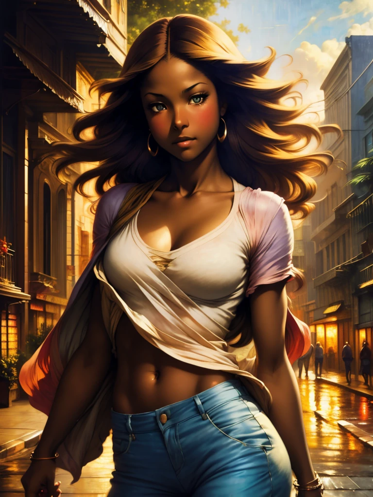 ((Solo half body Beautiful Caribbean woman with dark skin and striking eyes)), shadowed interior background, art by akihiko yoshida, manga art style, colorfield illustration, Scary atmosphere, global illumination, by frank frazetta, art by goro fujita, glamour shot, pants and shirt, street dancing, banner, blur, anime key visual, (blue, yellow and grey colors), dramatic photo, anime girl, Intricate details, chiaroscuro, pino daeni, impressionist (best quality, masterpiece)