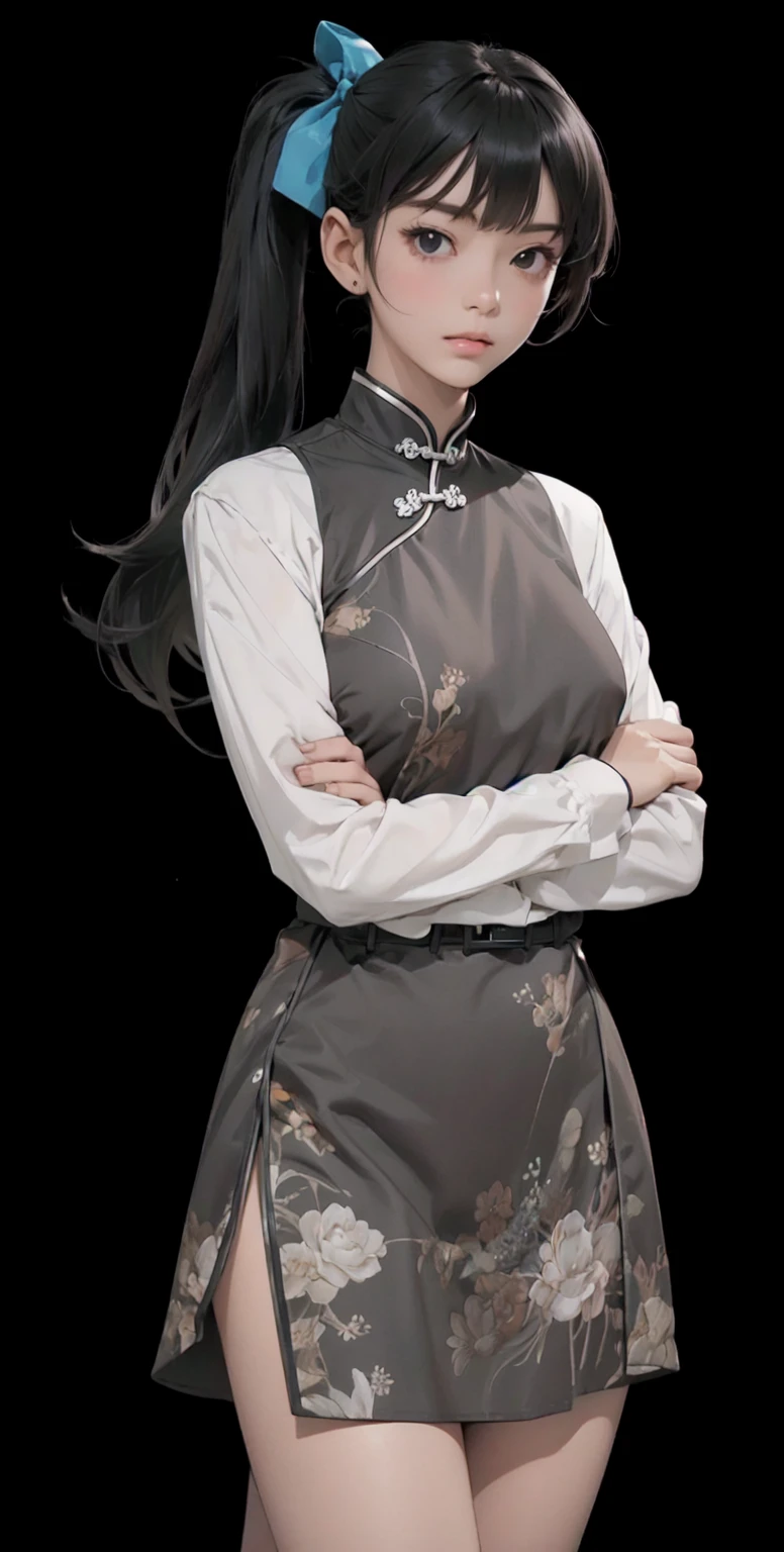 Shine brightly,masterpiece,Top quality,Best quality,1 girl,solo,Cross your arms,dress,White background,Black hair,Long hair,Looking at the audience,Simple background,China costume,Long sleeve,Chest,中国dress,发bow,Cowboy lens,bow,侧Ponytail,分开的Lips,printing,Bangs,Ponytail,Blue bow,Standing,Lips,Side seams,Medium bust,白色shirt,shirt,belt,black eyes,