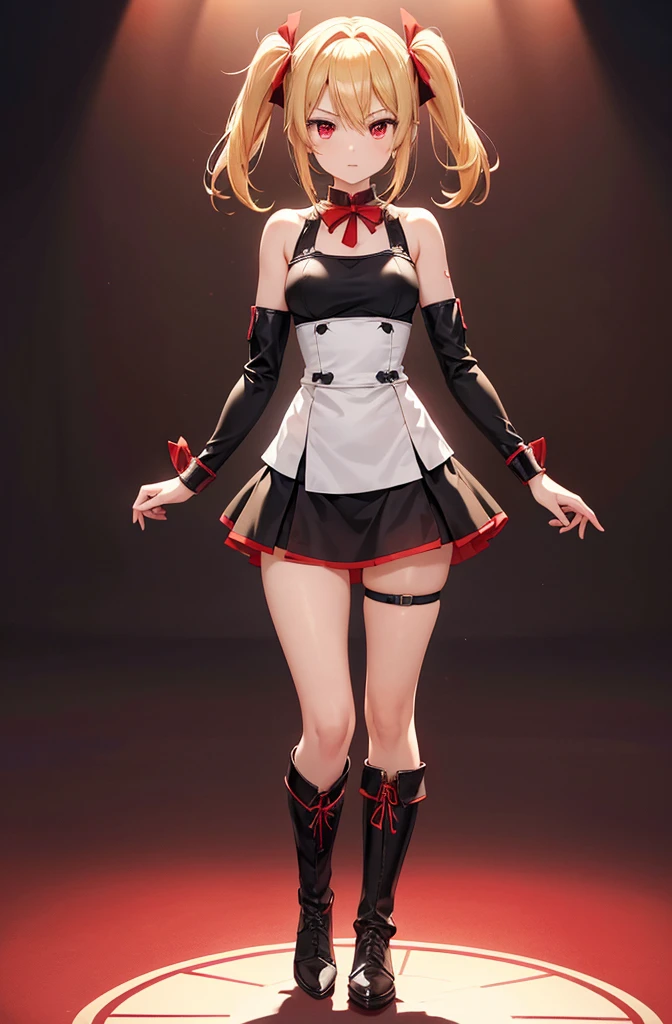 Idol-like animated characters
High quality face,
Firm eyes.
One girl, strong gaze, confident expression.
Blonde twin-tail short hair, a little bouncy, red ribbon.
Small breasts.
White tank top type like combat uniform.
Dark red armored leather skirt, armored nightdress.
Enji-colored armoire
Long black boots
Costume with circular metal fittings
Up to the thighs
up to the thigh
In a dark room
Notice the face.
Red eyes.
Five fingers.
Both hands.
No shadow on background
No shadow on background,High quality,High quality