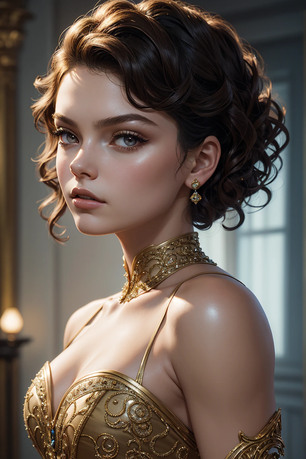 portrait Camren Bicondova, wearing ball gown costume, against the background of the ballroom, character portrait, 5 9 9 0 s, curly hair, intricate, elegant, highly detailed, digital painting, artstation, concept art, smooth, sharp focus, illustration, art by wlop, charlie bowater and alexandra fomina, 36k, glittering, shining, correct anatomy
