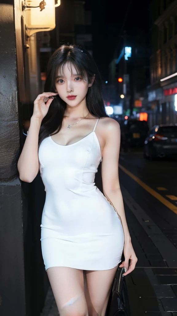 "Enter a world of unparalleled beauty and realism, as the heart of this image is brought to life in stunning 8K quality. The girl's shapely figure is emphasized by her flowing black hair falling in soft waves across her bright white skin. The dress shimmers in the outdoor night scene. Every detail, from her beautiful eyes to her double eyelids, is accurately captured. and style."