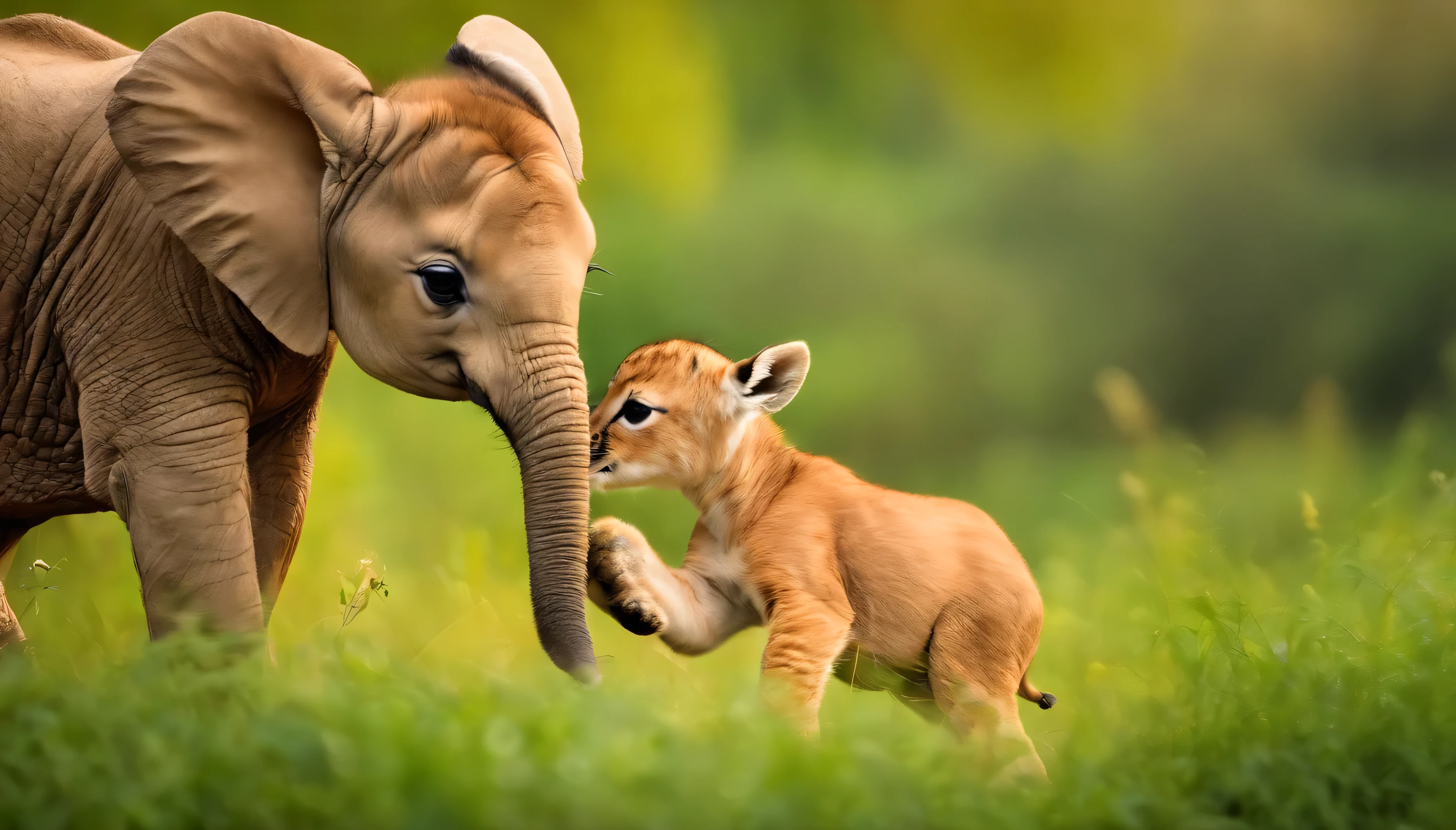 Beautiful cute elephant, babyn, baby tiger, baby deer, baby rabbit, baby giraffe are playing together in as jungle