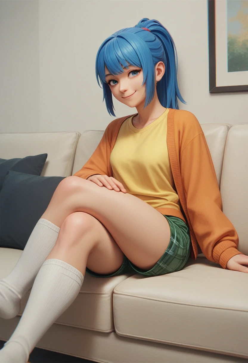 girl, blue hair, ponytail, bangs, yellow shirt, orange hoodie coat, green shorts, plaid shorts, white socks, sitting, crossed legs, couch, 3d, smile