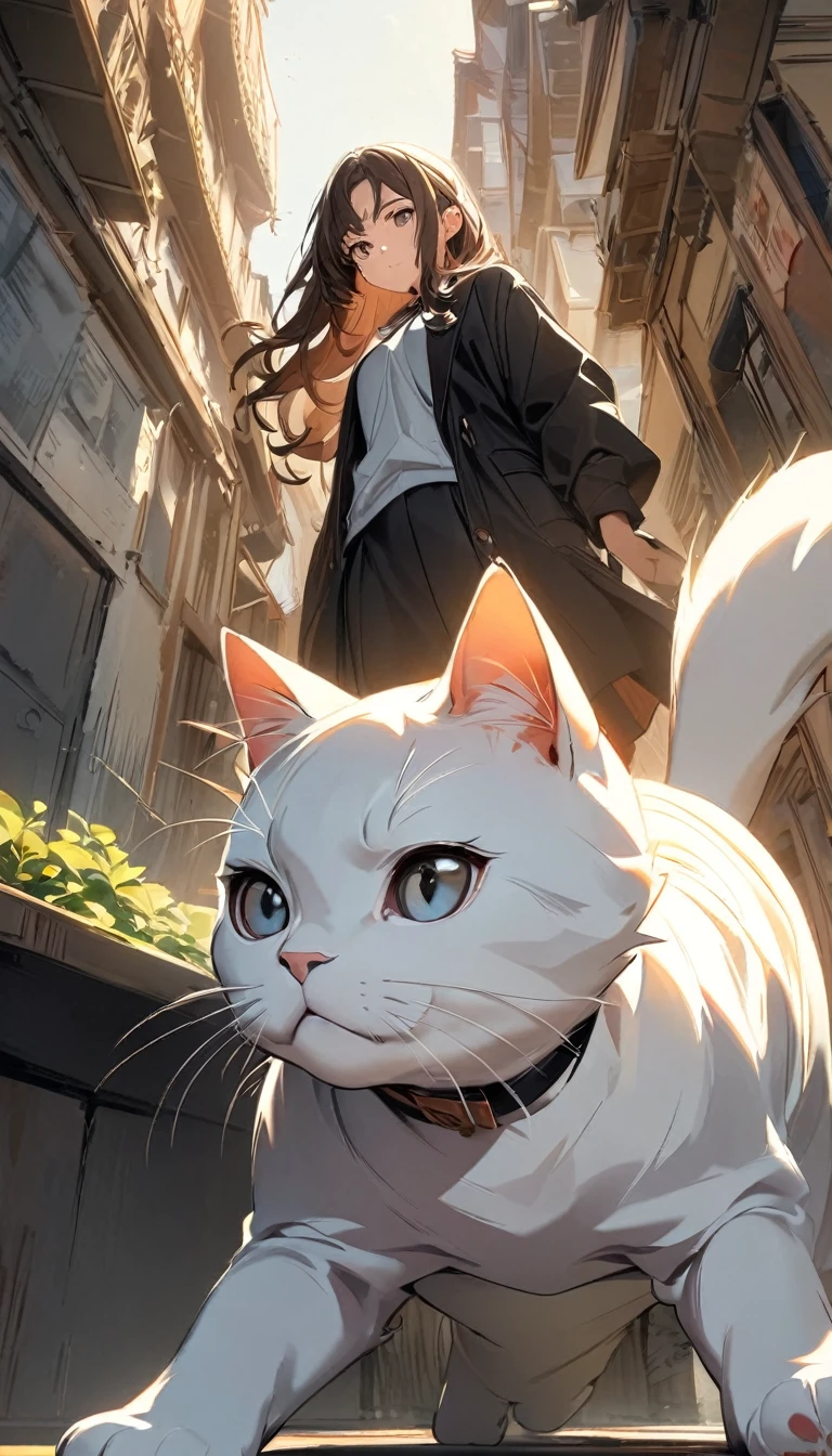 ((one cat)),The color is brownish white, Being stared at by a cat, Eyes aiming at prey, Cute cat, Front legs drooping, Low Angle:1.2, Beautiful illustrations, (Highest quality:1.2, Very detailed, Attention to detail, digital coloring, High Contrast, masterpiece:1.2, Highest quality, Best aesthetics), 