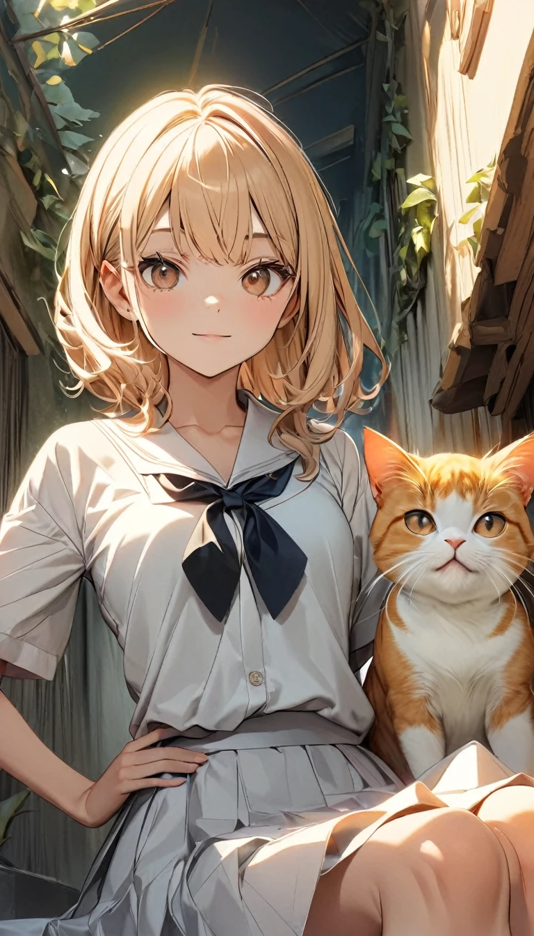 ((one cat)),The color is brownish white, Being stared at by a cat, Eyes aiming at prey, Cute cat, Front legs drooping, Low Angle:1.2, Beautiful illustrations, (Highest quality:1.2, Very detailed, Attention to detail, digital coloring, High Contrast, masterpiece:1.2, Highest quality, Best aesthetics),