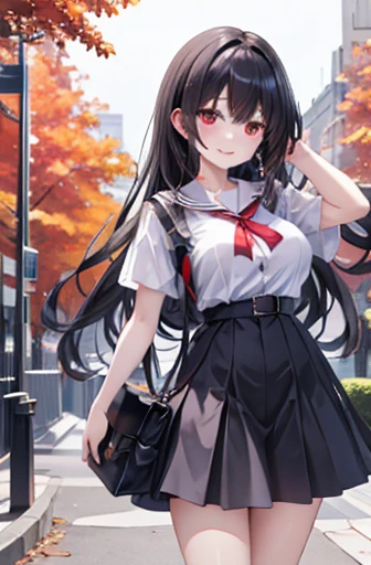 masterpiece, Highest quality, High resolution, What's next, One girl, Long Hair, Black Hair, hair band, Red eyes, Long legs, Large Breasts, bangs, large 胸, High Waist Skirt, White shirt, Short sleeve, Outdoor, bag, smile,