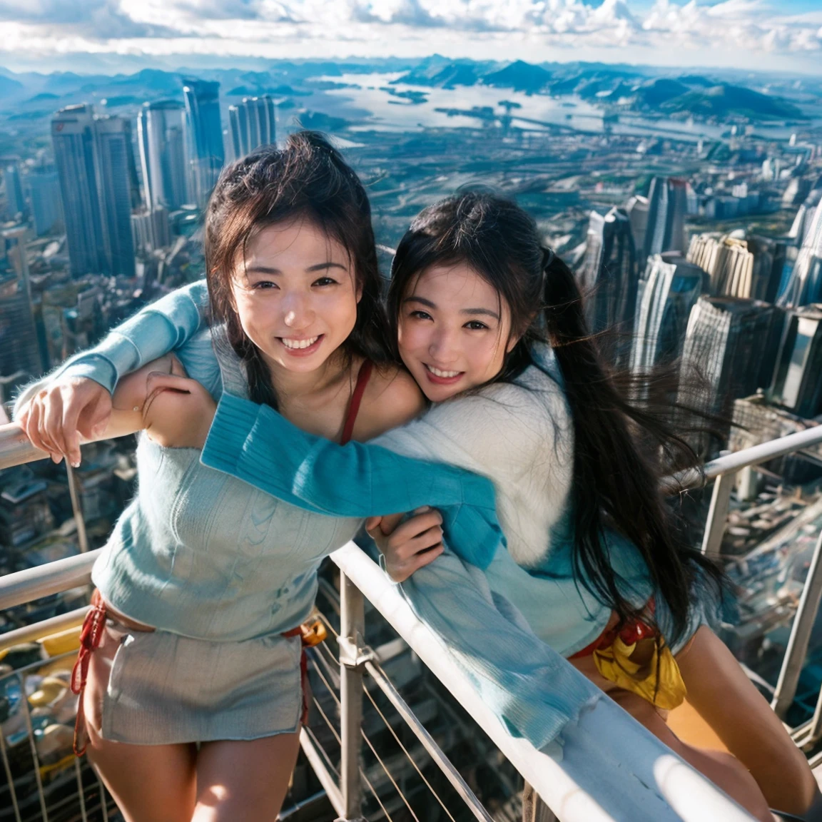 Identical twin sisters hugging each other、、,of(8k、Live Shooting、Highest quality、masterpiece:1.2)、Very detailed、Super Resolution、(Hyper Genuineity、)Very detailed、Super Resolution、(Genuine、Actual photo:1.47)、 exhilarating roofExcellent selfie of a confident womof with black hair in a long,She is beaming as she looks out over the ultra-modern city below... This high ofgle,Fisheye lens photo of her in mountaineering clothes、Highlight the spaghetti straps Excellent,Climbing Pofts,A glimpse of the distoft sea、This aerial photograph is complete...,