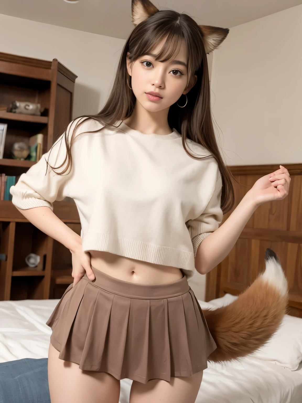 ((Highest quality, 8k)), ((masterpiece)), (Highest Resolution), Perfect Face, Girl, high school girl, Beautiful woman, public, One tail, She has thin thighs, Big tail, She has a reddish-brown fox tail.., She wags her tail, Troubled face, She is wearing a short skirt, Beautiful Hips , Small breasts, The skirt is rolled up at the tail